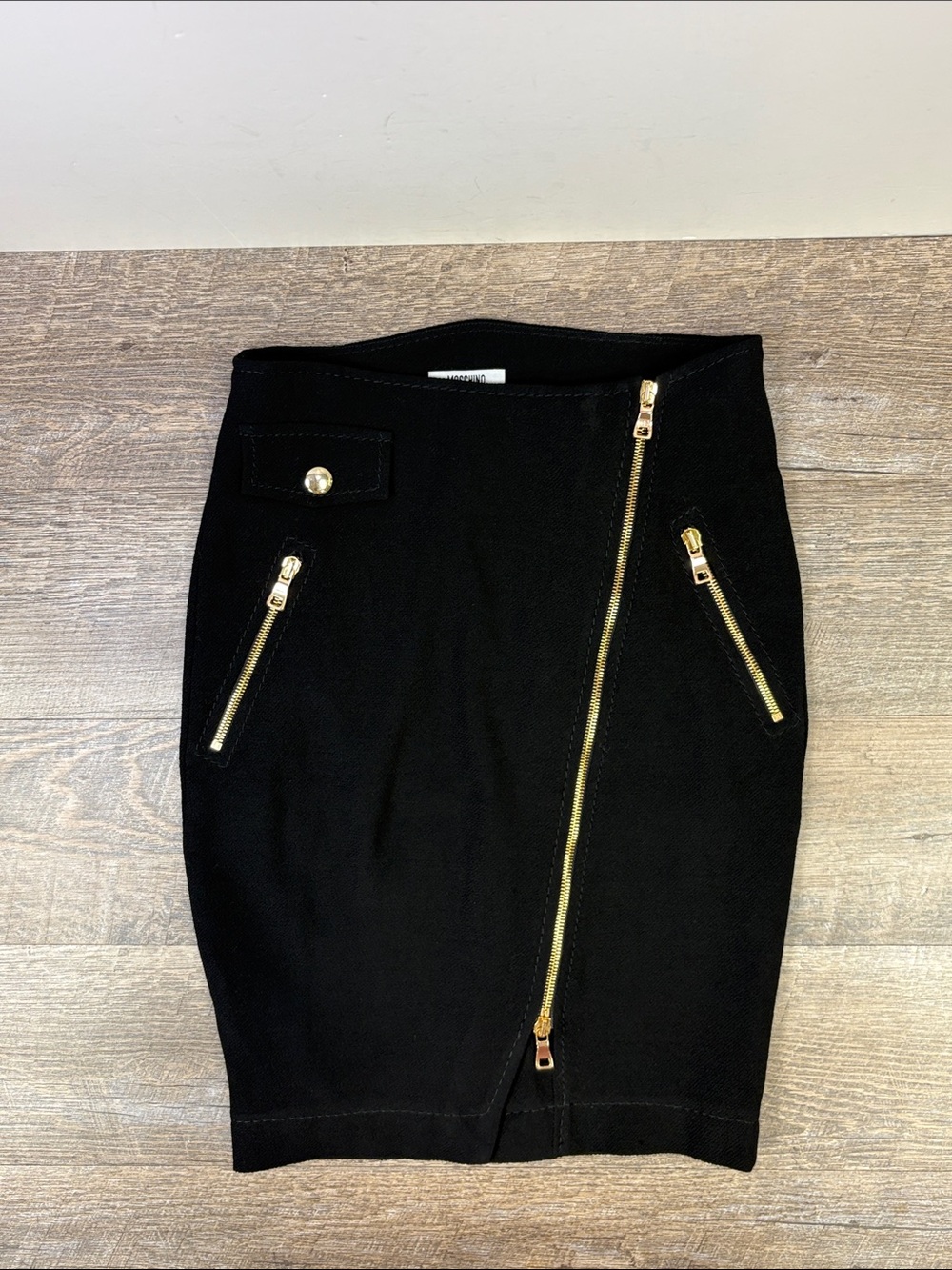 Moschino Cheap and Chic Black Virgin Wool Moto Wrap Pencil Skirt Gold Zip Size 8